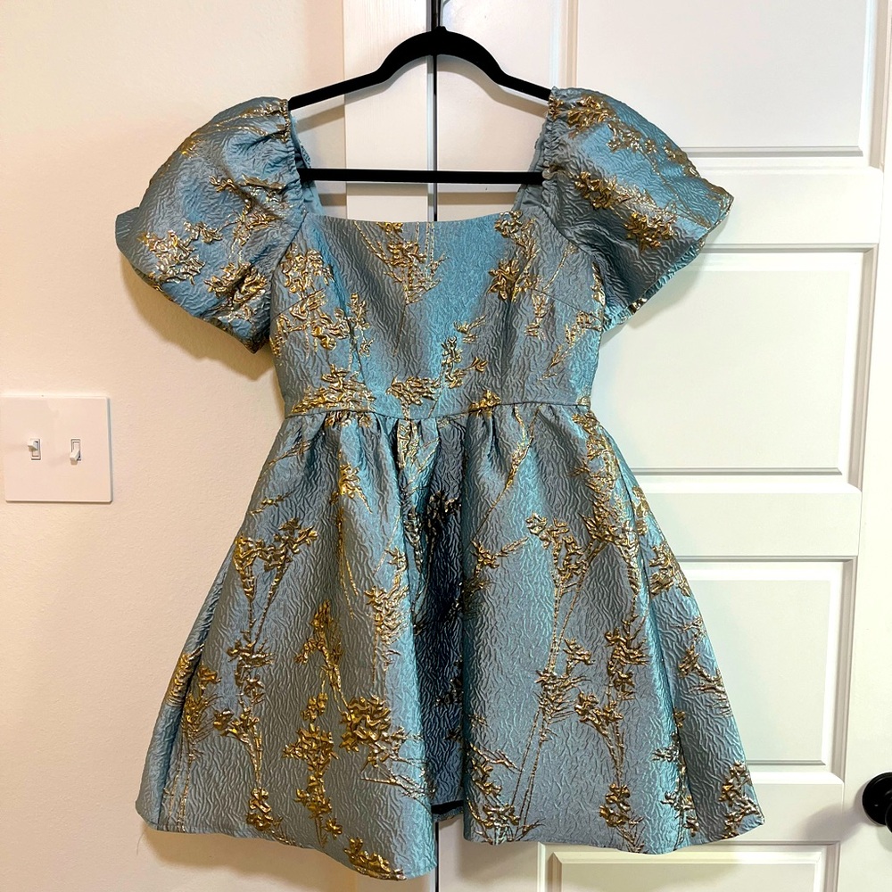 Blue and gold jacquard a-line mini dress